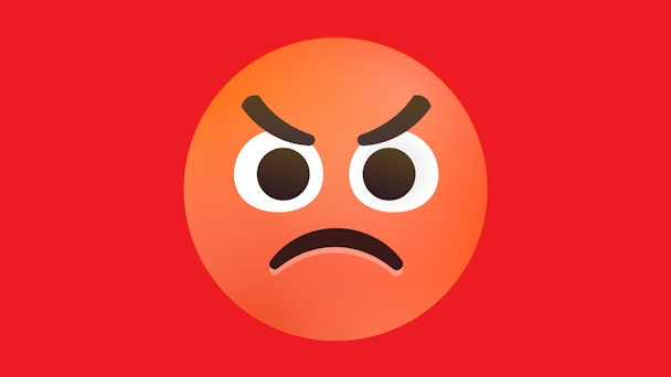 An angry emoji on red background