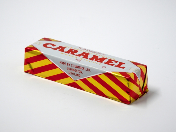 A Tunnock's Caramel Wafer bar against a white background