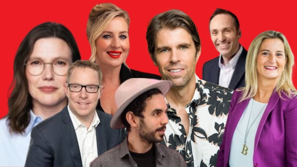 A collage of CMO headshots on a red background 