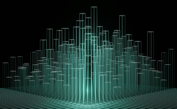 A wireframe-style 3D model of a cityscape