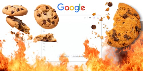 Cookies crumbling into flames against Google Chrome search background