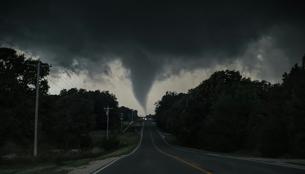 A tornado on the horizon at the end of a road