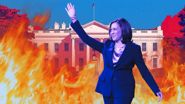 Collage of Kamala Harris standing in front of flames and White House in the far background 