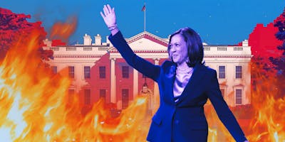 Collage of Kamala Harris standing in front of flames and White House in the far background 