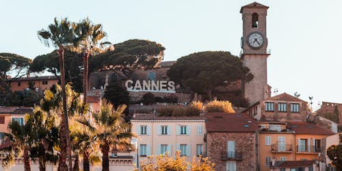 'Cannes' sign surrounded by palm trees and terracotta buildings 