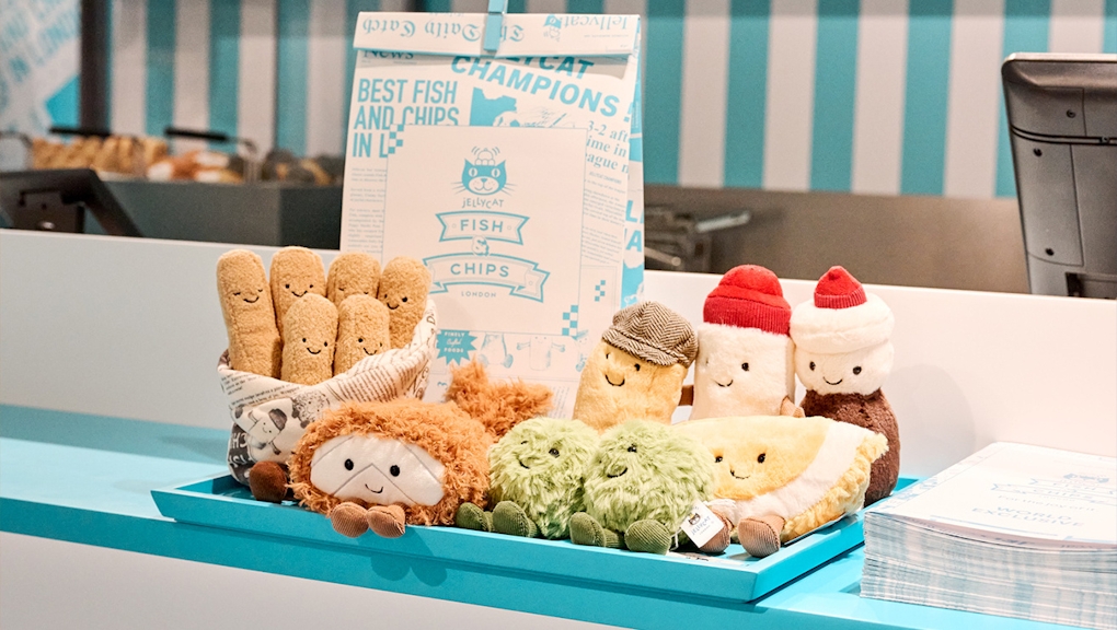 A display of the stuffed Jelycat chip shop-themed toys