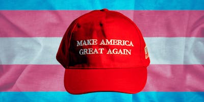 maga hat over a trans flag