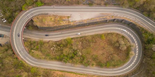 An aerial shot of a looping road