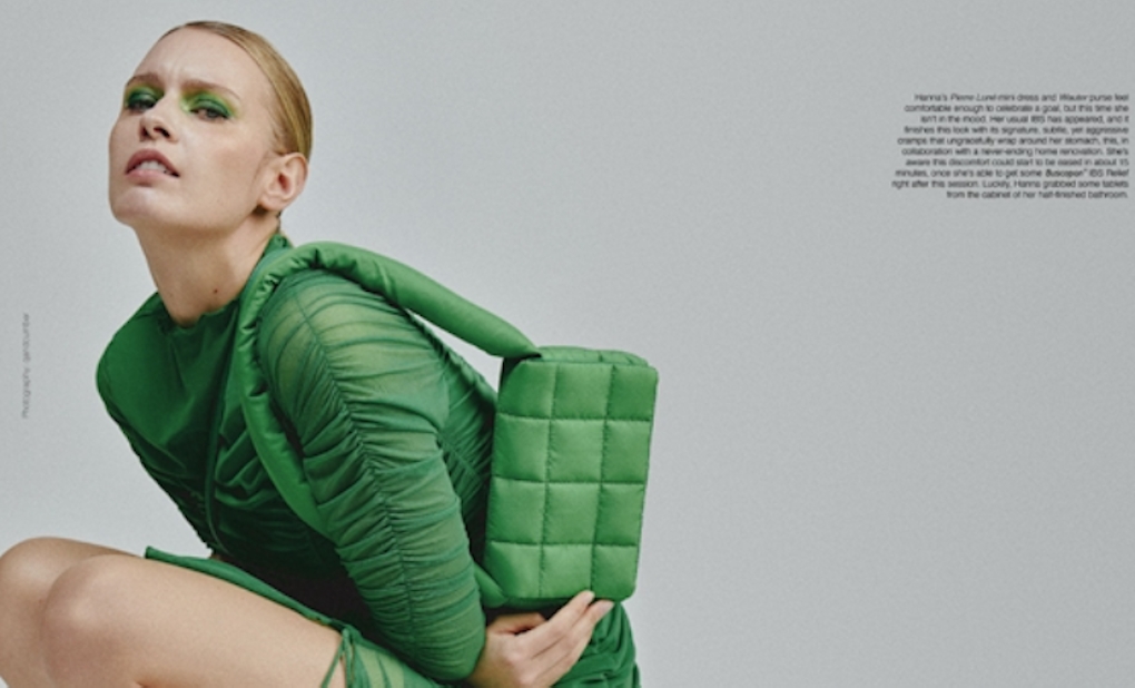 Model wearing green in pain