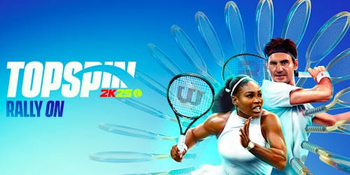 Topspin 2k25 artwork featuring a digital depiction of Federer and Williams along with the game's logo