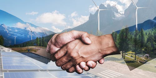 hand shake with trees and windmills